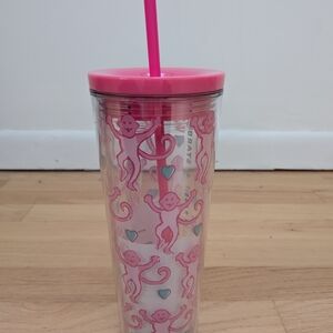 Roller Rabbit Pink Monkey Tumbler with Straw